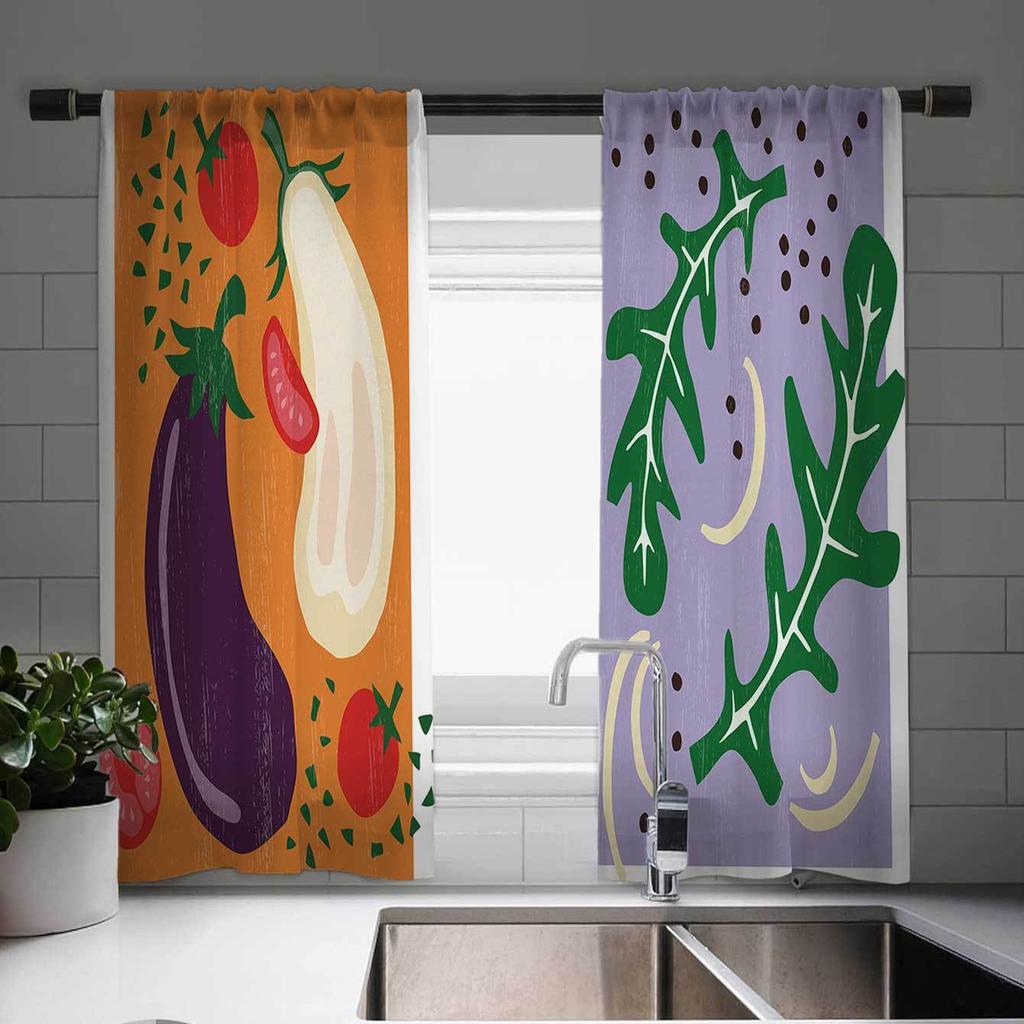 Vegetable Fruit Print Curtain Set Elegant 2Pcs Cafe Curtains Charming European Design Vintage Style Window Decor For Kitchen
