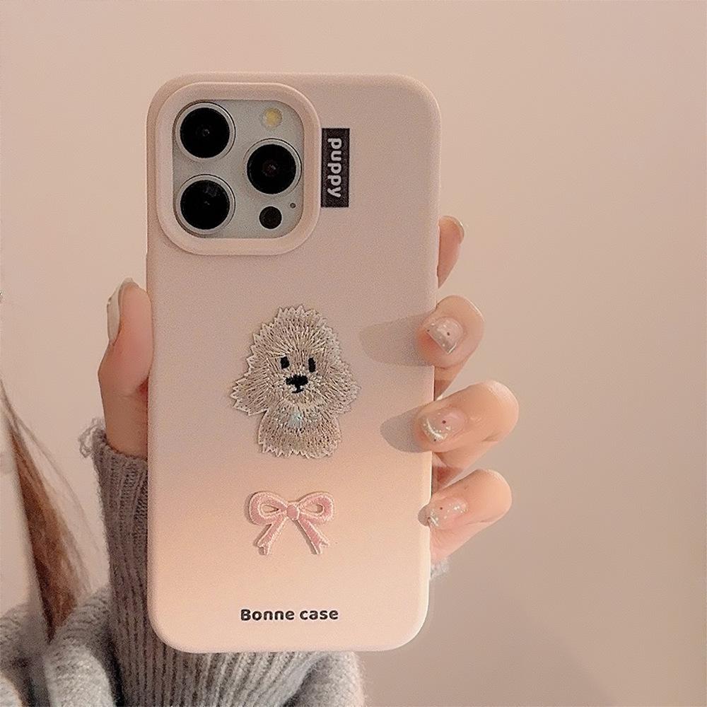 Ins Bow Embroidered Puppy 16 Mobile Phone Case Apple 17 Anti-fall Iphone15pro Max Suitable for 13 Sweet Girls