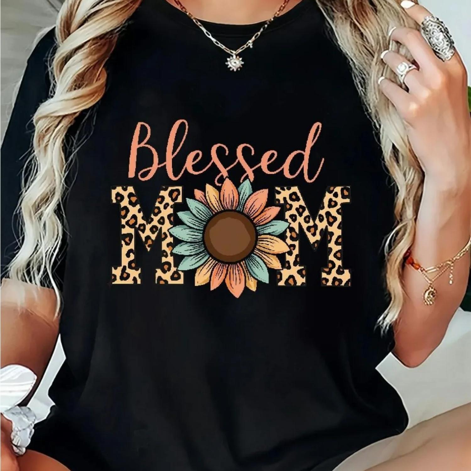 s Blessed Mama Sunflower Graphic Tee Casual Short Sleeve T-Shirt Summer Short Sleeved Harajuku Streetwear Tops Tees S
