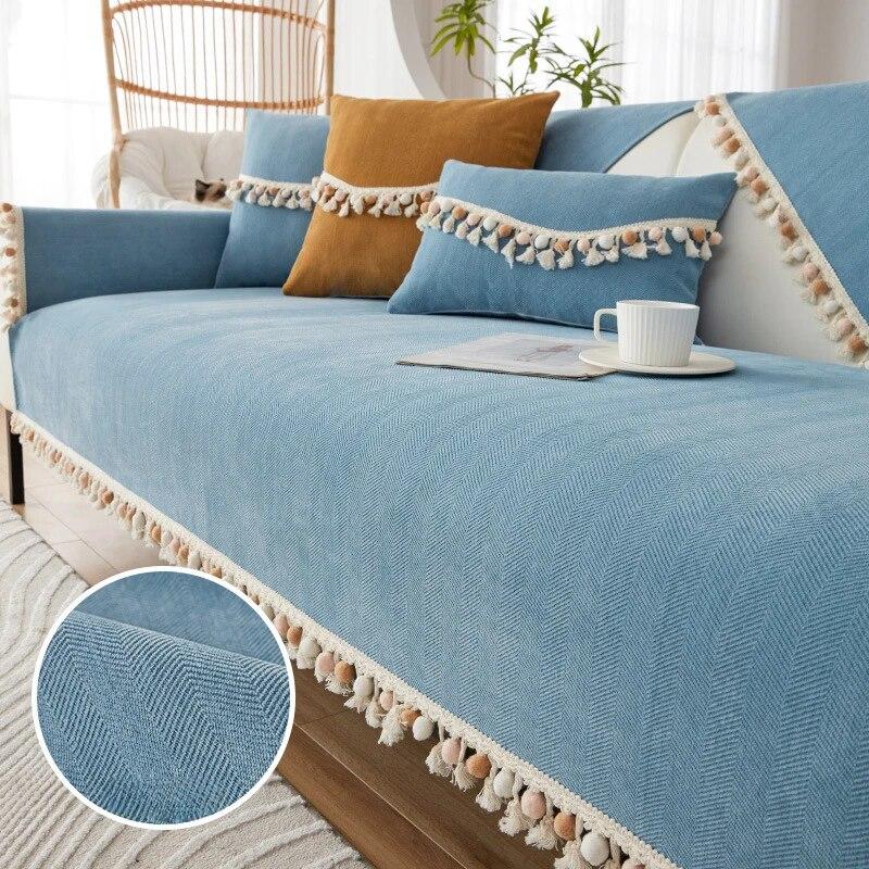 Cotton Ball Tassels Couch Mat Comfortable Non Slip Dustproof Sofa Towel Versatile Living Room Decoration Daybed Cushion