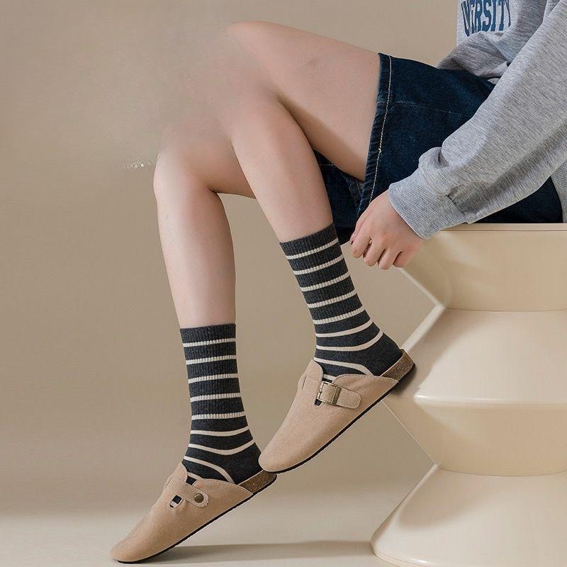 Striped Pile Pile Socks for Women, Mid-calf, Autumn and Winter, Pure Cotton Sweat-absorbing Women's Socks, School-style Retro Socks, Cotton Socks