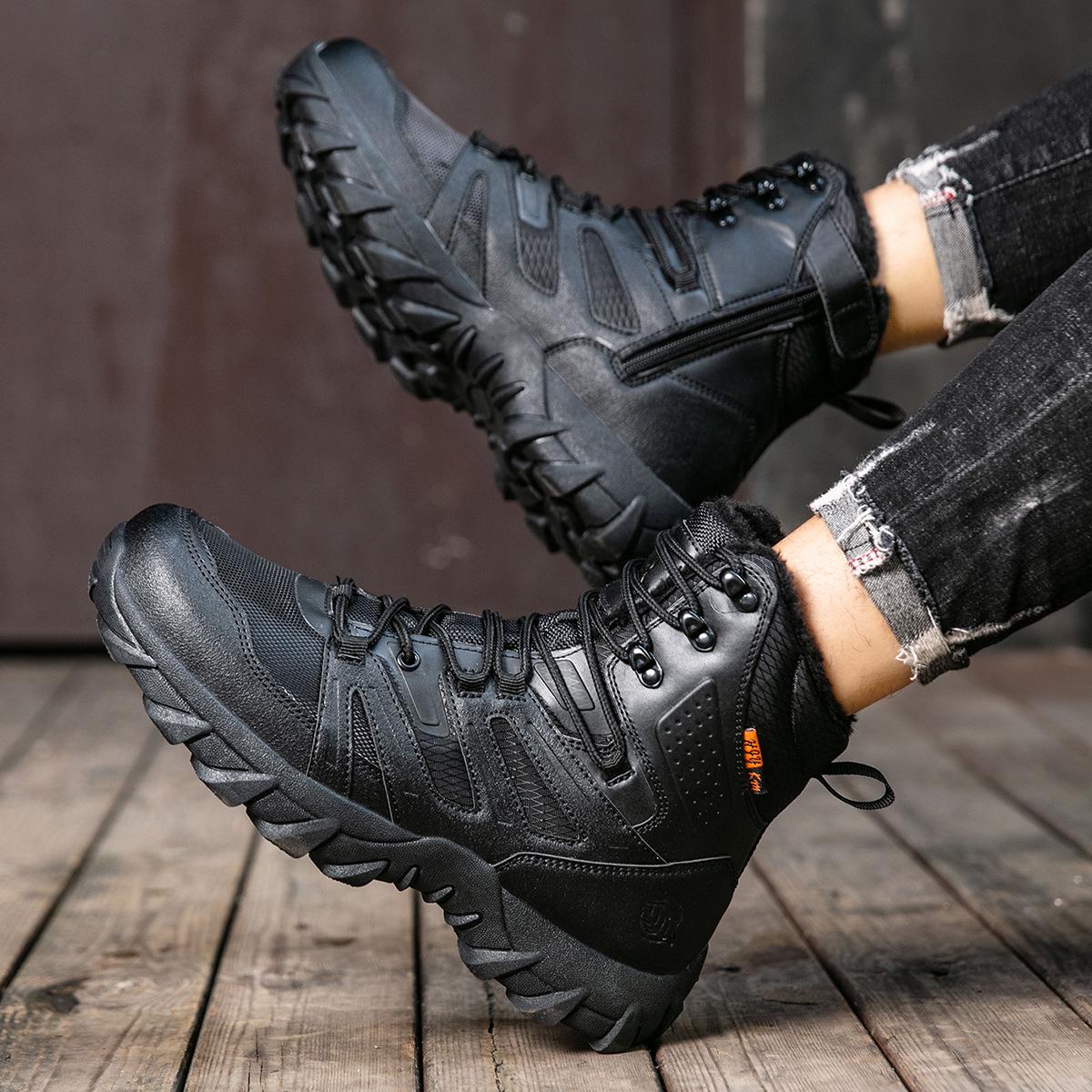 Men’s High-Top Combat Boots, Plus Velvet Tactical Snow and Mountaineering Shoes, Outdoor Sports and Hiking Footwear Size 42