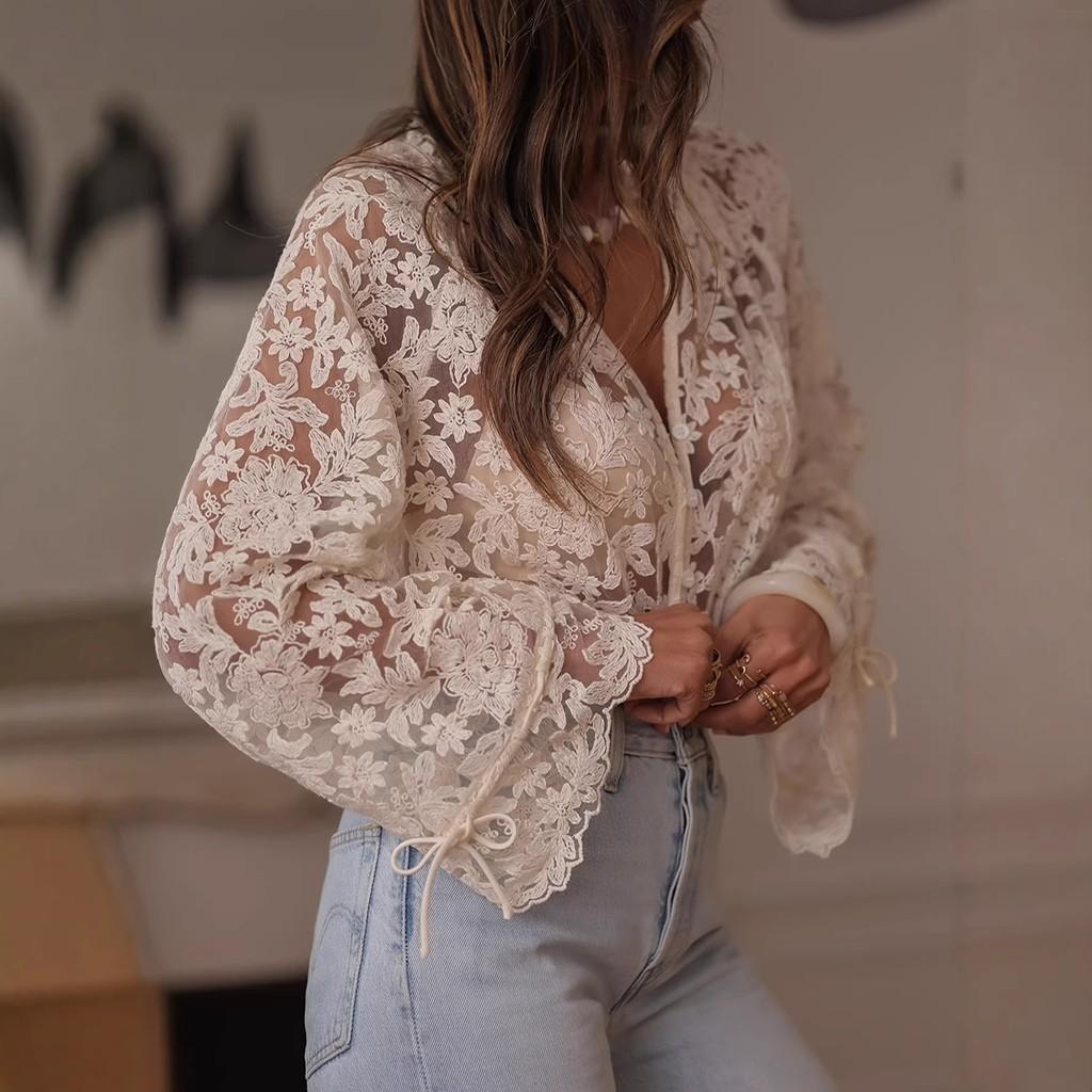 Summer Lace Shirt For Women With Long Sleeves And Round Neck In Pure Color For Street Style Fashion