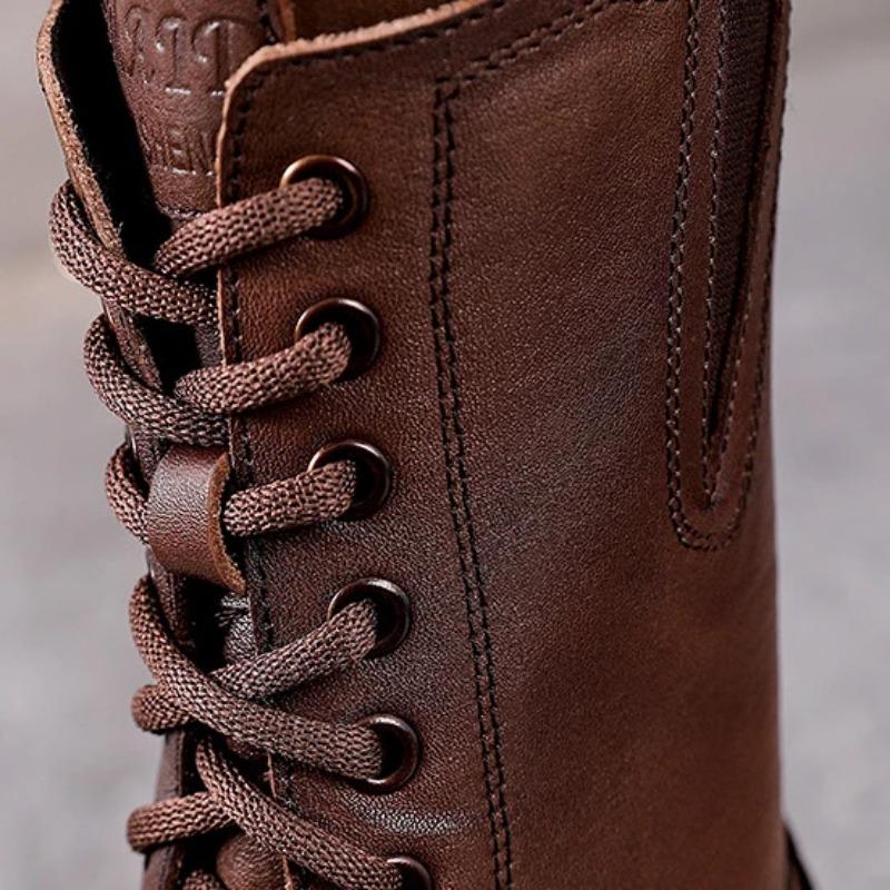 Cowhide Medium Boots Women's Genuine Leather Cotton Short Knight Boots Retro British Style Thick-soled Boots YR-YR1616