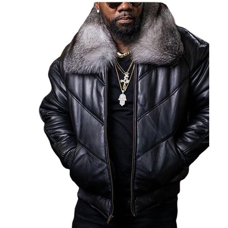 Men's Pu Leather Short Coat Gray and White Big Fur Collar Men's Coat
