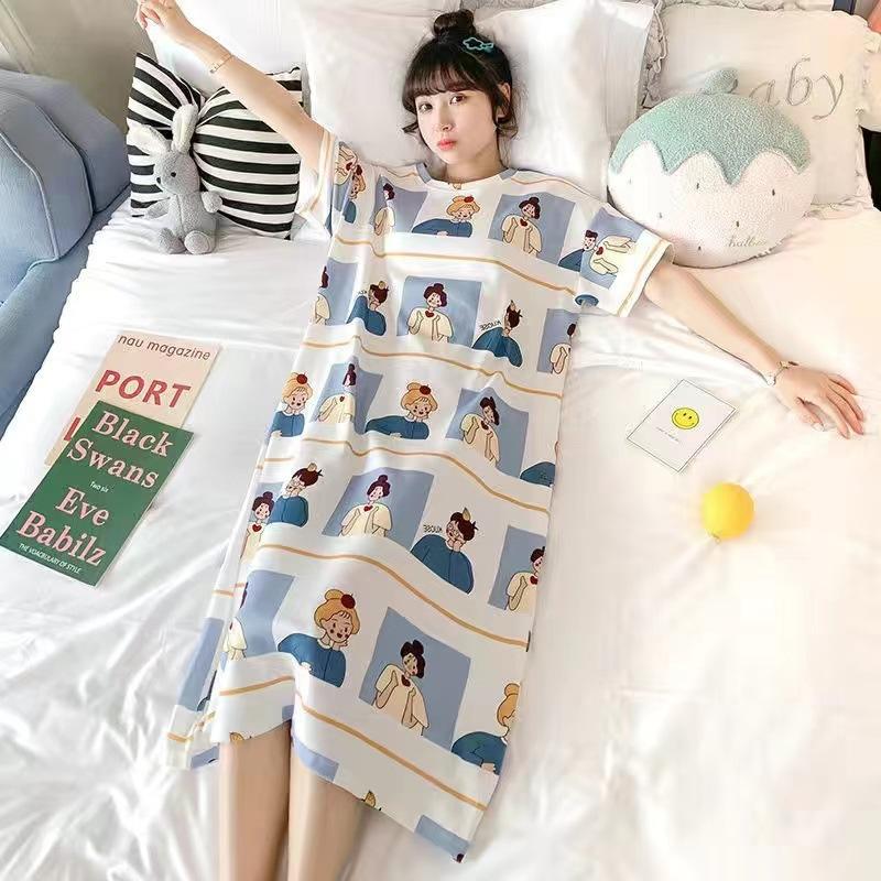 Girls' Summer, Spring and Autumn Short-sleeved Home Wear with Cute Cartoon Designs and Loose Style Pajamas and Nightgowns