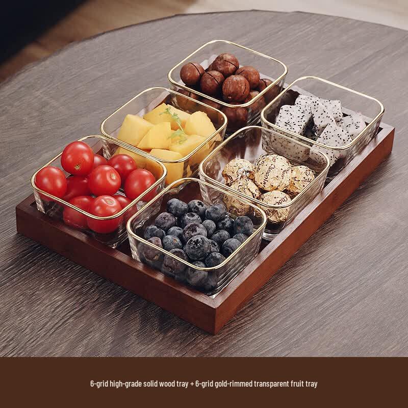 PYTHONIC 6-Piece Gold-Rimmed Glass Snack Bowl Set with Bamboo Tray