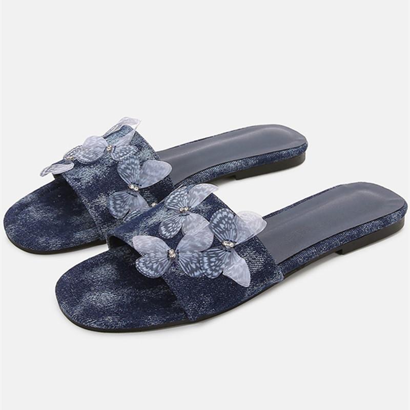 Fashion Denim Butterfly Decoration Flat Sandal Round Toe Open Toe Designer Slippers Summer Fashion Comfortable Big Size Beach Women Shoe