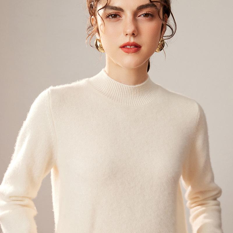 Women's 100% Cashmere Pullover Sweater, Half-High Collar, Long Sleeve, Thick Knit, Autumn/Winter Style.