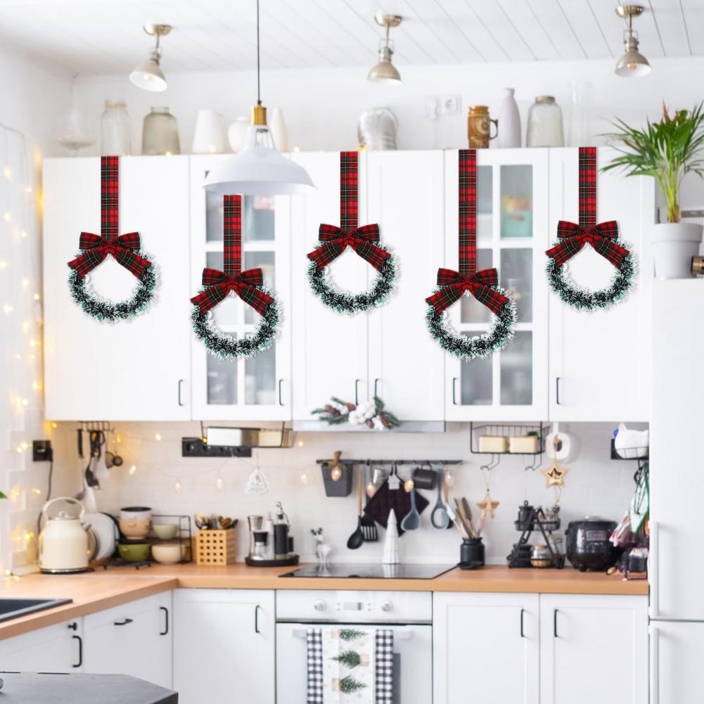 Mini Christmas Cabinet Wreaths 5.1 Inch Small Kitchen Xmas Decor with Red Ribbon Bow Window Door Office Holiday Decoration