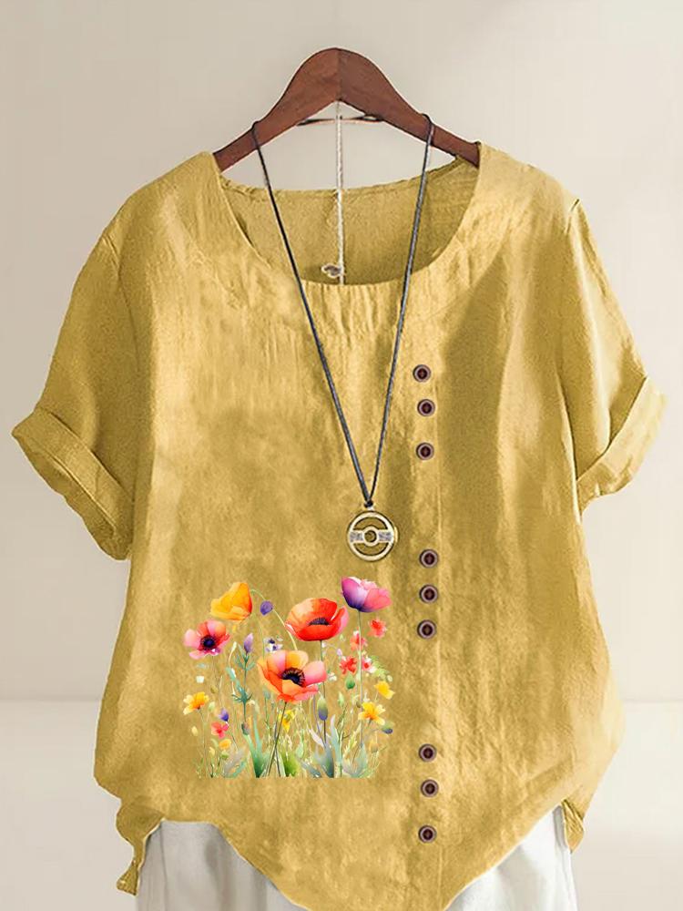 Women's Fashion Flower Print Casual Cotton Linen Short Sleeve Round Neck T-shirt Shirt Leisure Loose Summer Blouse Tops
