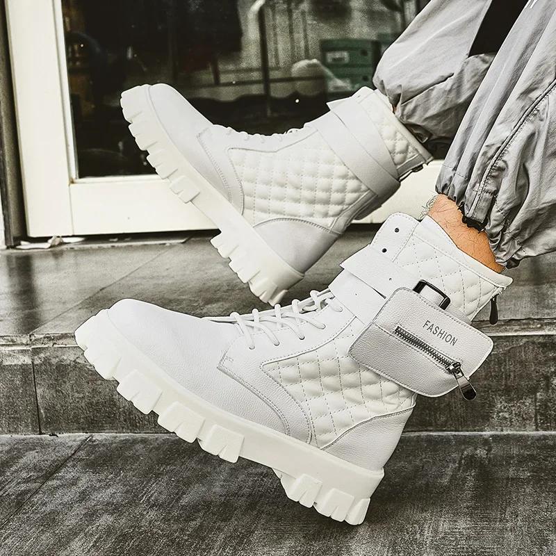 Vysoké Venkovní Kapsa Pánské Módní Boty Platforma Podzim Zima Ležérní Pánské Kotníkové Boty Bílá Kůže Designérské Boty pro Muže