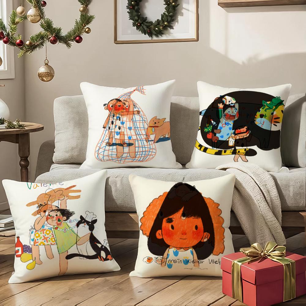 Illustrations Of Everyday Life Cushion Cover Pattern Printed Pillowcase For Living Room Sofa Cushion Cover & Bedroom Decor