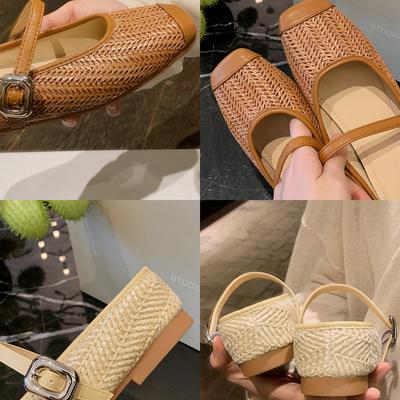 Height Increase of 5cm~ Holiday Style Straw Woven Square Head Sandals Lazy Half Drag Female Summer