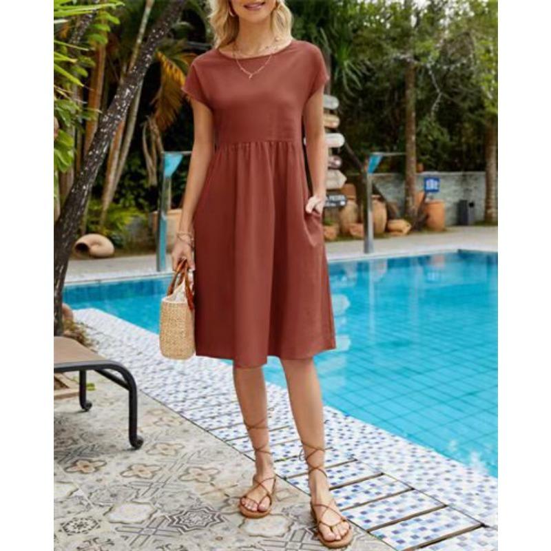 Summer temperament women's clothing cotton round neck A-shaped dress women
