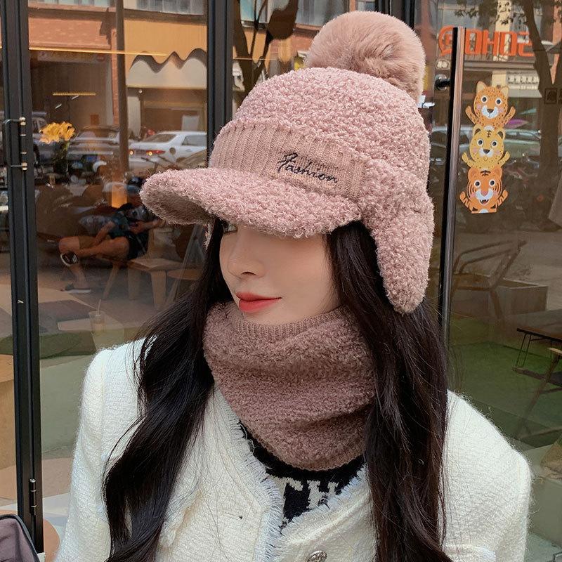 Letter Embroidery Plush Ear Protector Cap Women's Autumn and Winter Scarf Cover Cycling Warm Skiing Knitted Wool Cap