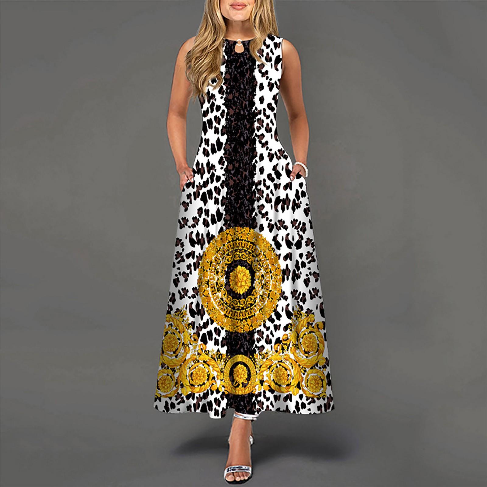 

Женское повседневное длинное платье без рукавов с большим подолом и круглым вырезом с принтом XL жёлтый