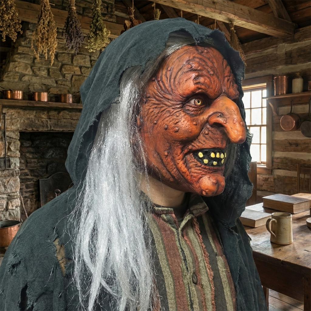 Gruselige braune Haut Hexe Latexmaske mit weißen Haaren für Halloween-Partymasken und Theateraufführungen