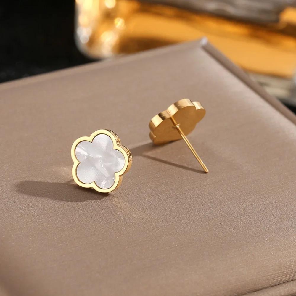 Cute Romantic Five Leaf Flower Stud Earrings for Women Claccic Simple Stainless Steel Temperament Korea Earring Jewelry Gift