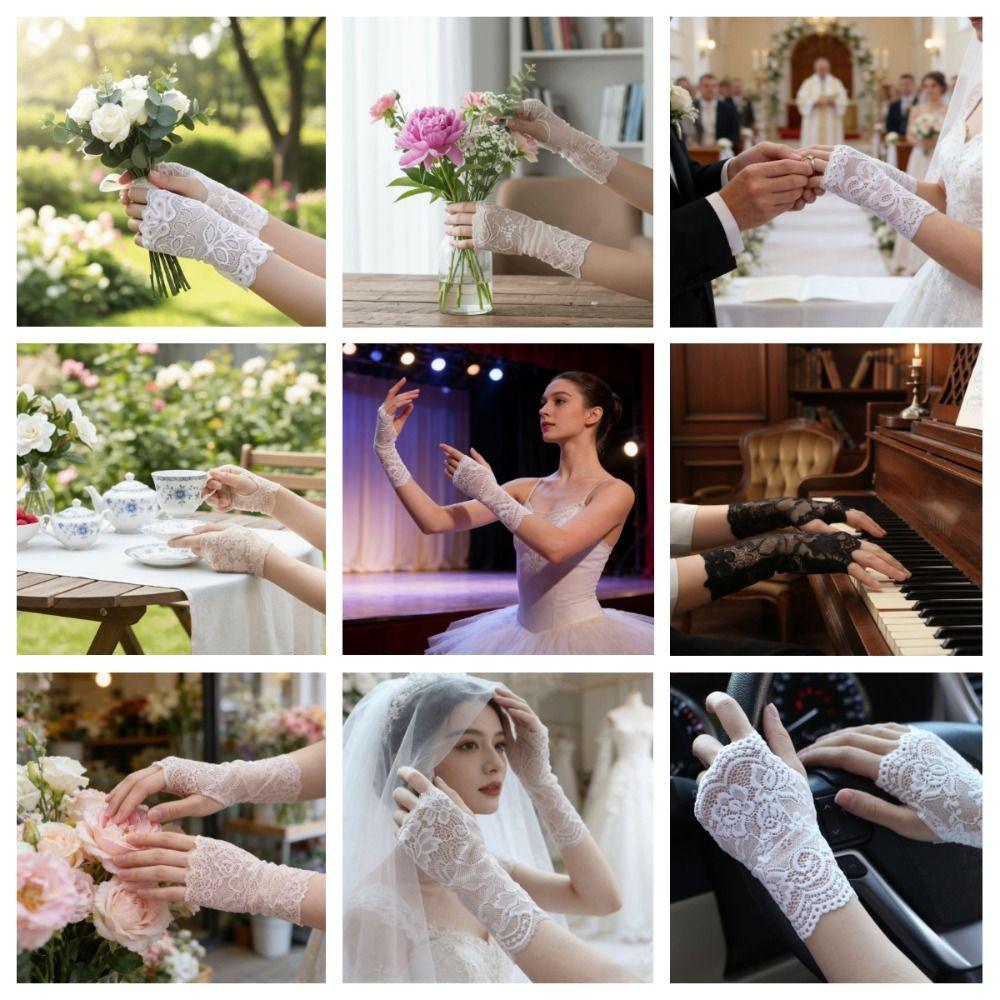 Thin Lace Half Finger Gloves Breathable Sun Protection Riding Gloves Driving Gloves  Wedding Events