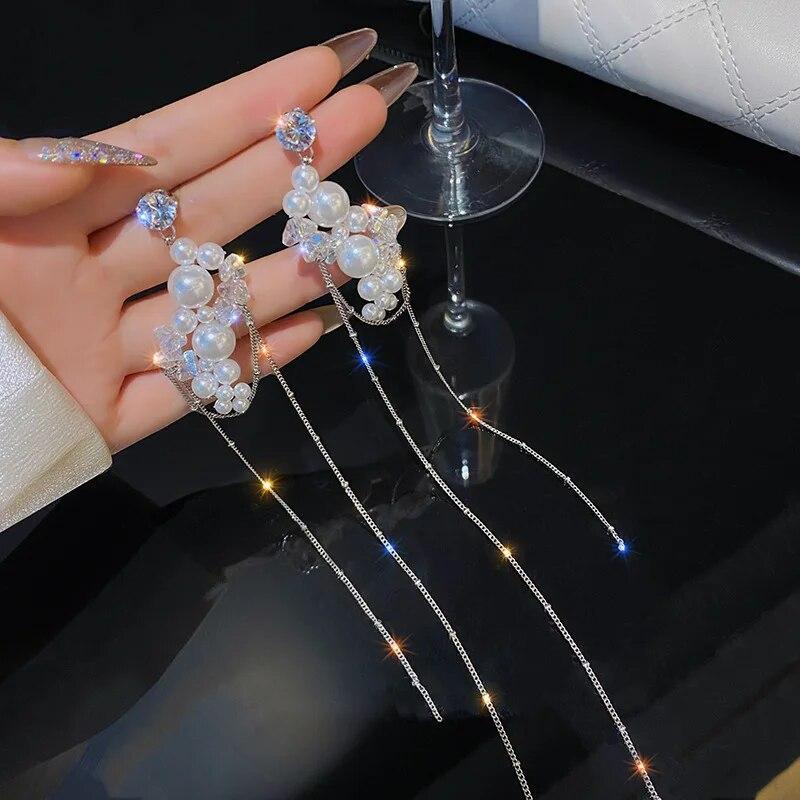 Trend Korean Crystal Dangle Earrings for Women Long Chain Tassel Fashion Earrings Party Jewelry Gift