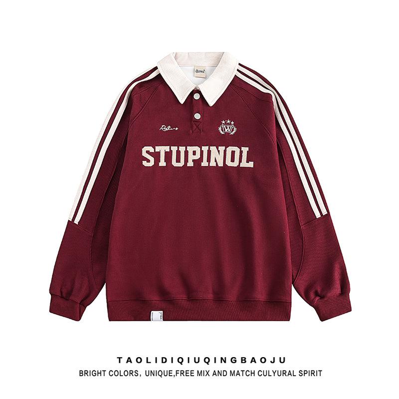 Unisex Poloshirt Langarm Lockerer Schnitt Buchstabendruck Waffelstruktur Streifen Raglan Sweatshirt