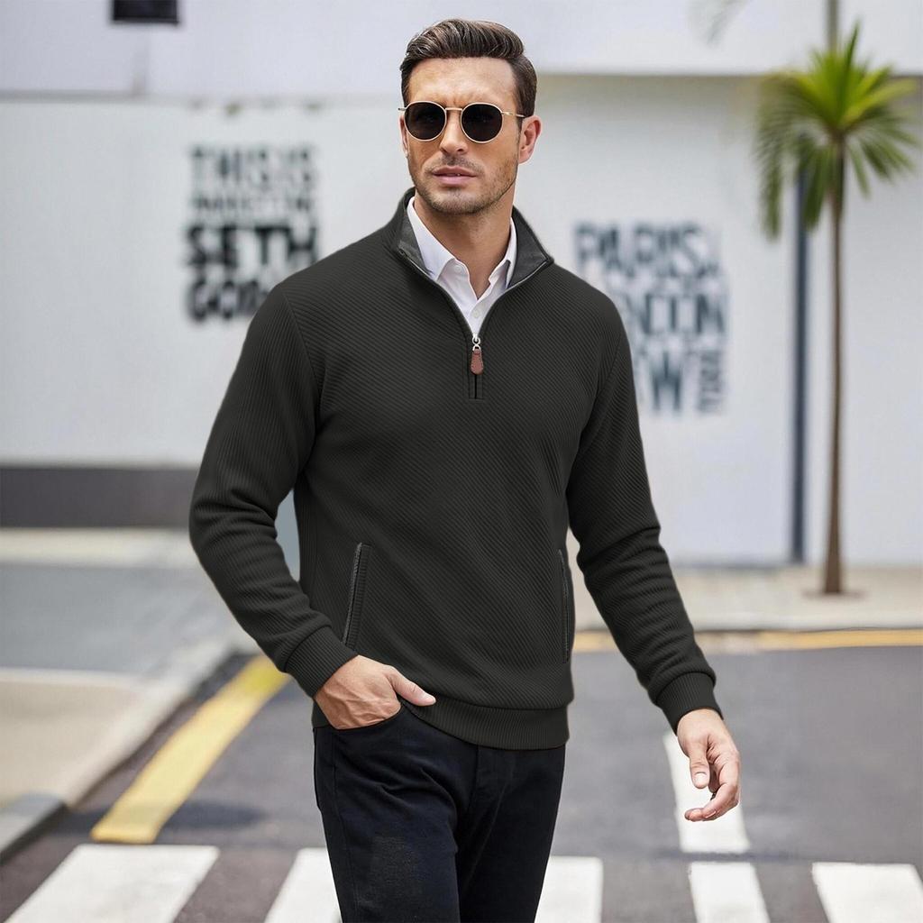 Men's Stand Collar Sweatshirt European Size Loose Fit Zip Pockets Casual Athletic Pullover for Spring and