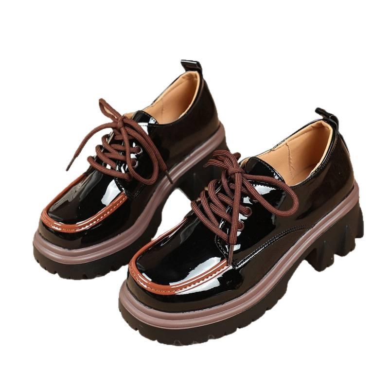 Large size color matching small leather shoes college style thick sole heightening lace-up