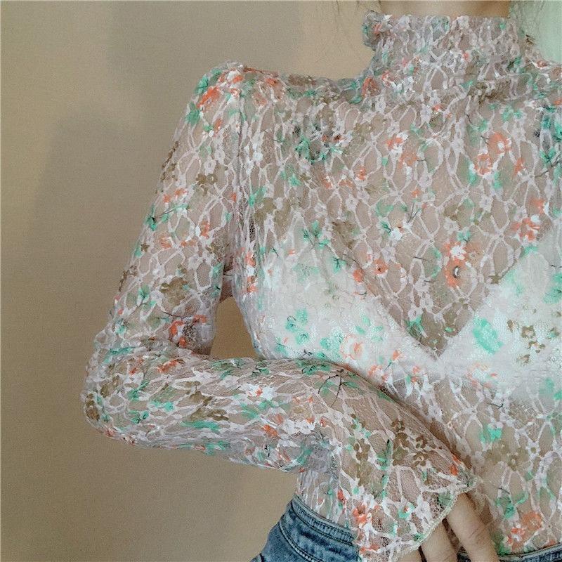 Autumn Sexy Perspective Long Sleeve Half High Neck T-shirt Carefully Machine Broken Flower Mesh Lace Bottom Shirt Women's Top