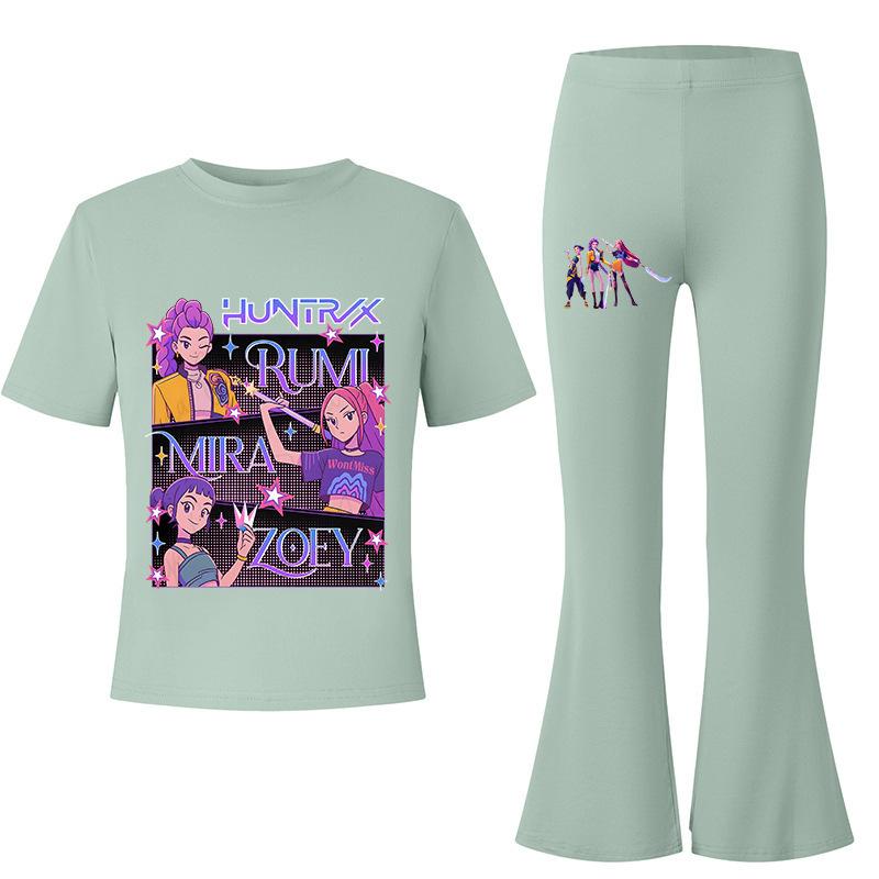 Demon Slayer KPOP Theme Big Kids Summer Short Sleeve T-Shirt + Draped Flared Pants Comfortable Non-Sweaty