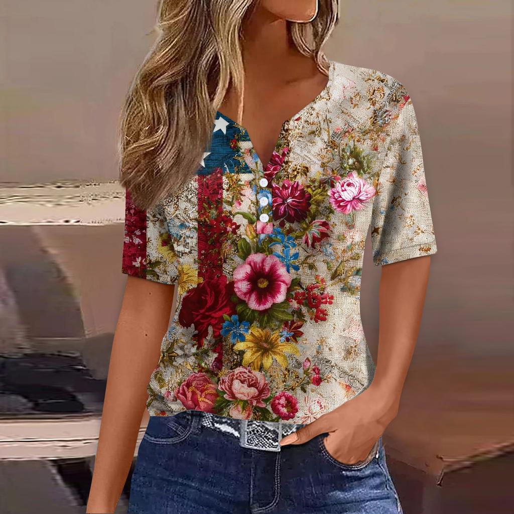 Women's T Shirt Tee Print Button Short Sleeve Daily Weekend Fashion Basic V- Neck Regular Top