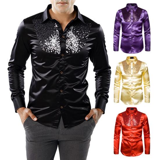 Men Retro Glossy Shirt Lapel Button-up Shirt with Sequins Vintage Formal Shirt for Disco Bars Nightclubs Parties