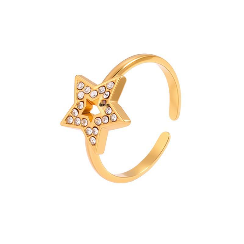 Women's Hollow Star Diamond Titanium Steel Open Ring - High-End Niche Fashion 