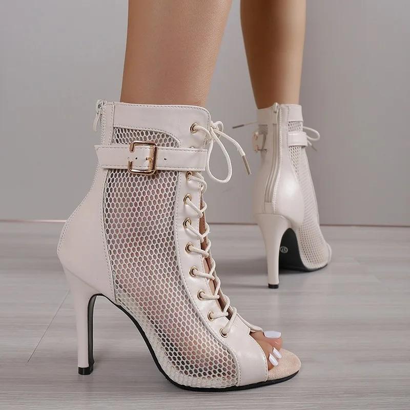 Fashion Women's Sandals Hollowed Mesh Heels Belt Buckle 2025 Summer Lace-up Sexy Open Toe Boots Stiletto Jazz Dance Party Ladies Shoes