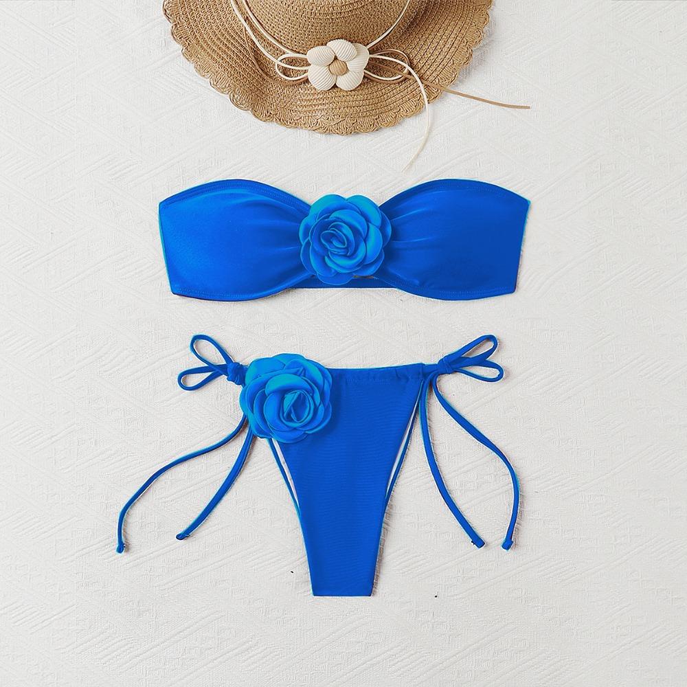 European and American Solid Color Rose Tube Top Bikini Drawstring Strap Split Swimsuit