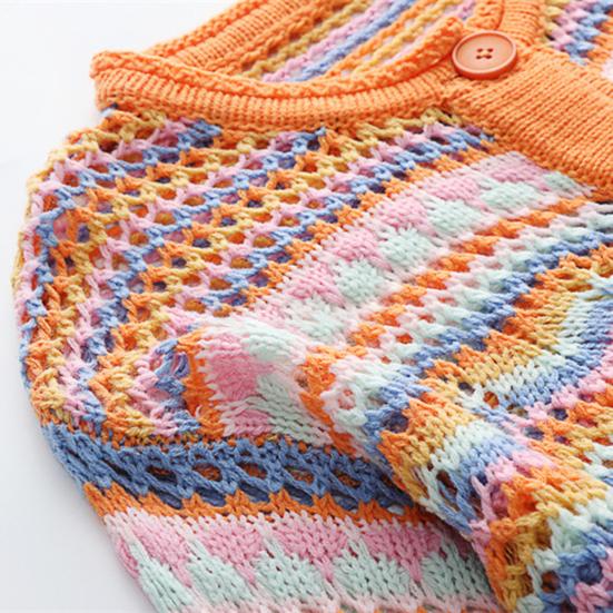 Women Knitting Cardigan Round Neck Flared Long Sleeve Single Breasted Sweater Coat Autumn Winter Rainbow