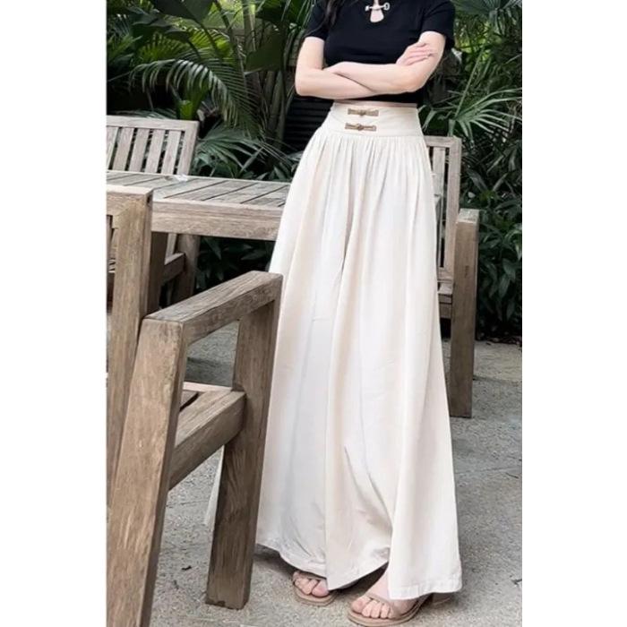 

Women s Spring/Summer High-Waisted Wide-Leg Flowing Pants - Chinese Style Button-Up Skirt-Pants 2XL абрикосовый
