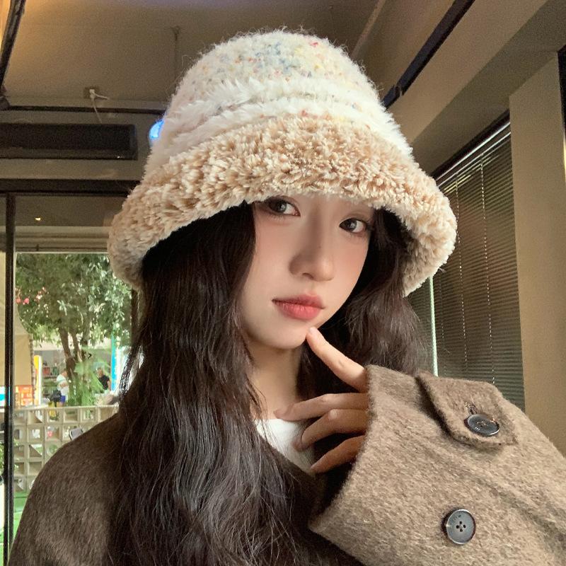 Plush Thickened Hat Women's Color Knitted Bucket Hat Winter Face Small Striped Basin Hat Tide