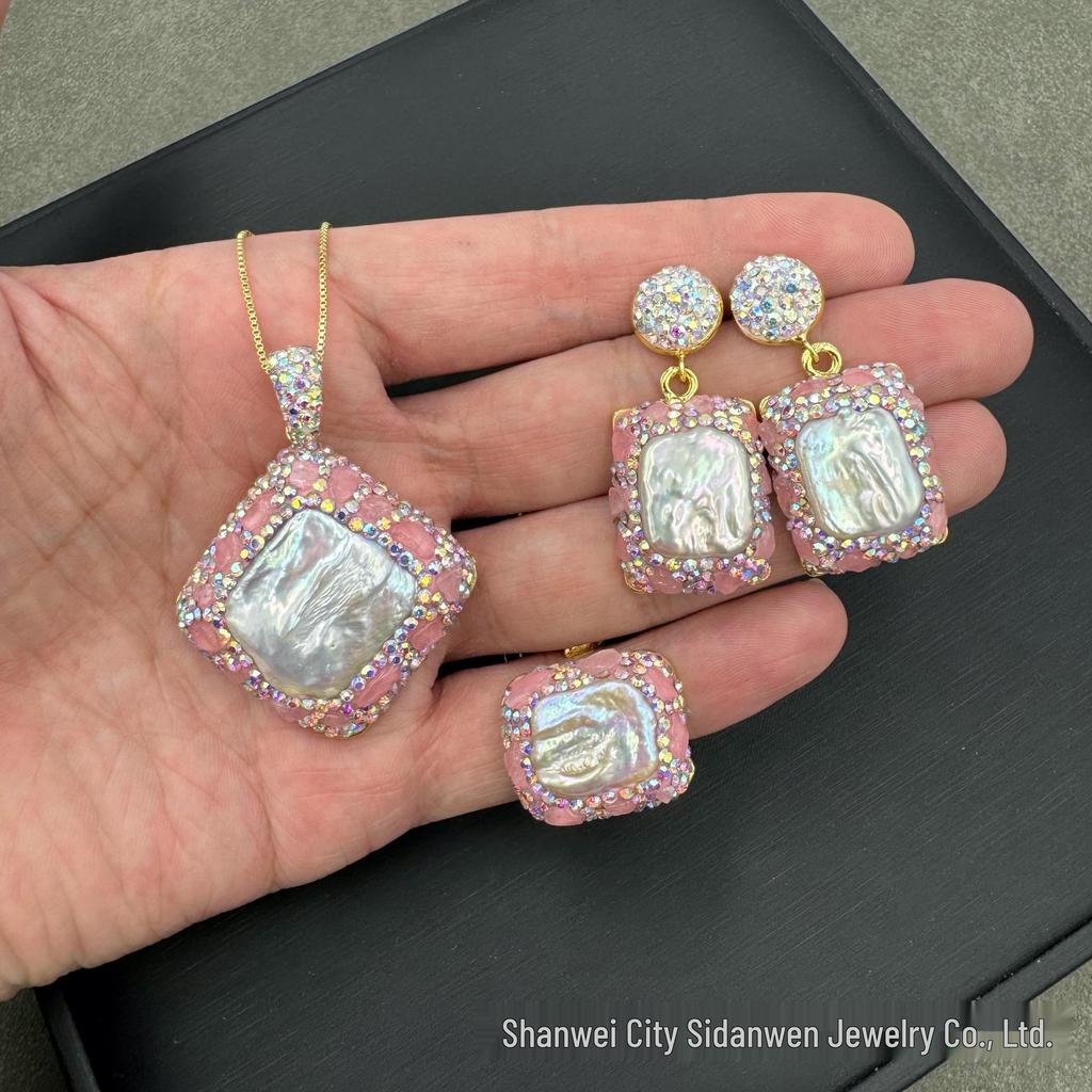 European & American Light Luxury Baroque Pearl Set with Czech Diamonds & Medieval Raw Stone - Three-Piece Set.