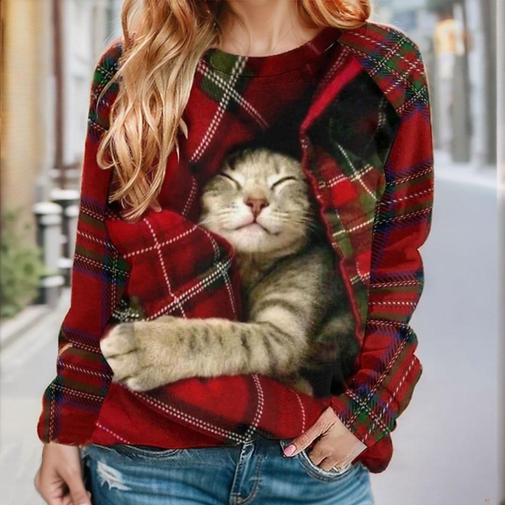 

Women s Pullover Sweatshirt Plaid Cat Casual Sportswear Festival Round Neck Long Sleeve Top S