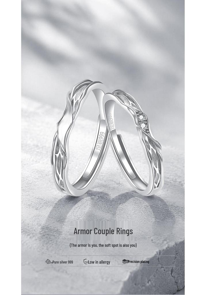 Sterling Silver Couple Rings: Twisted Pattern, Diamond Inlay, Open Design – Perfect for Anniversaries.