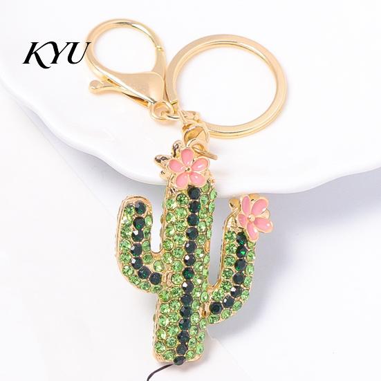 Decorative Car Key Ring Bling Rhinestone Cactus Keychain, Pink Flower Metal Pendant Keyring Pendant, Handbags Backpacks Purse Charm Accessory Keys