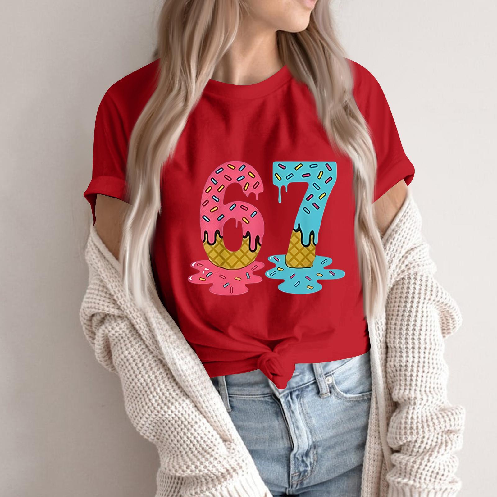 

Жіноча модна повсякденна футболка з коротким рукавом з принтом, топ з круглим вирізом M червоний