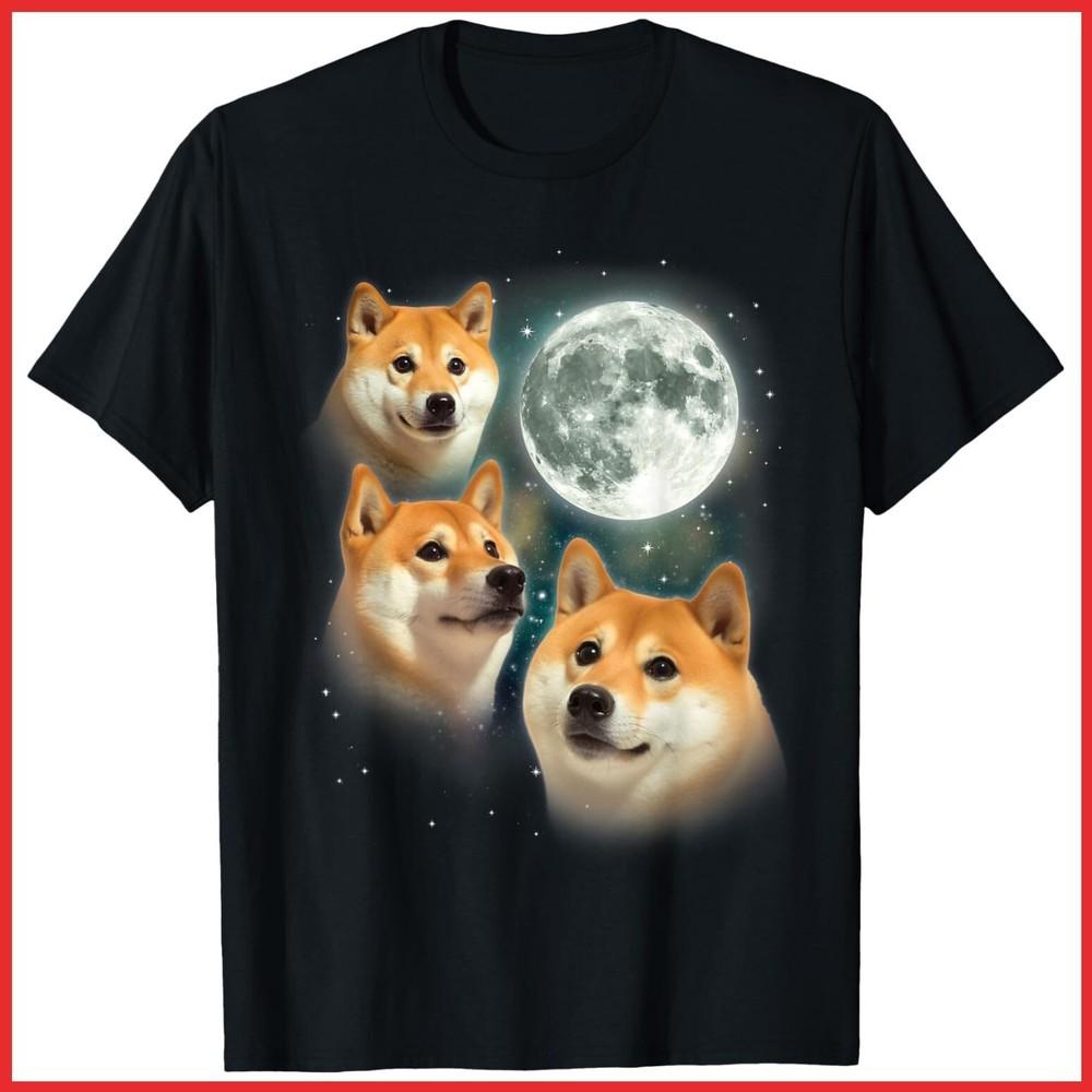 Three Shiba Inu Moon 3 Doge Funny Cute Dog Meme Black Cotton T-Shirt Unisex T-Shirt M