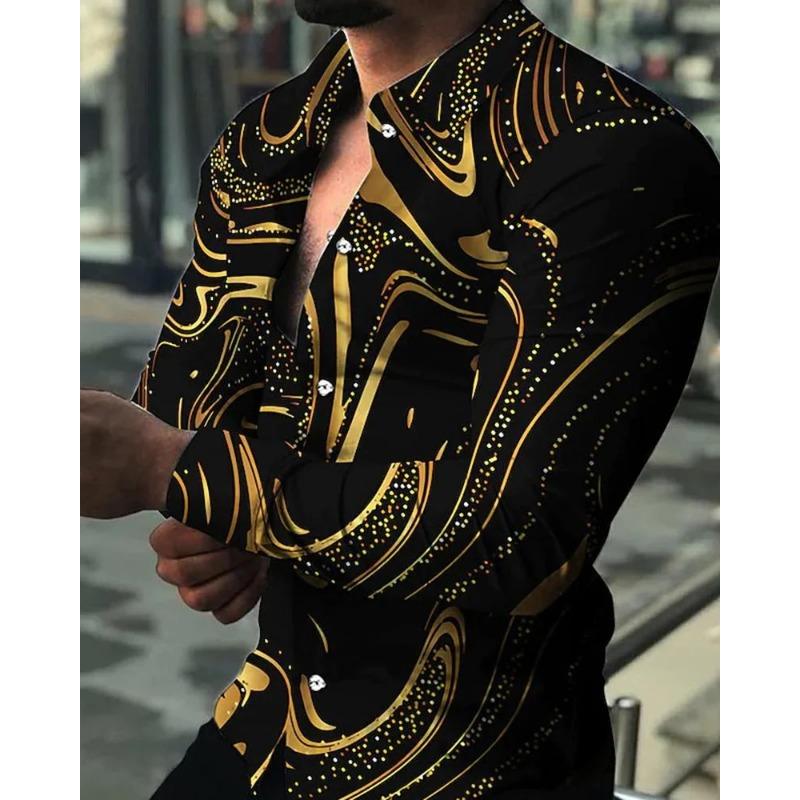 Fashion Men's Designer Starry Sky Purple Blue Gold Luxury Social Men's Shirt Lapel Large Size Casual Dot Print Long Sleeve Top