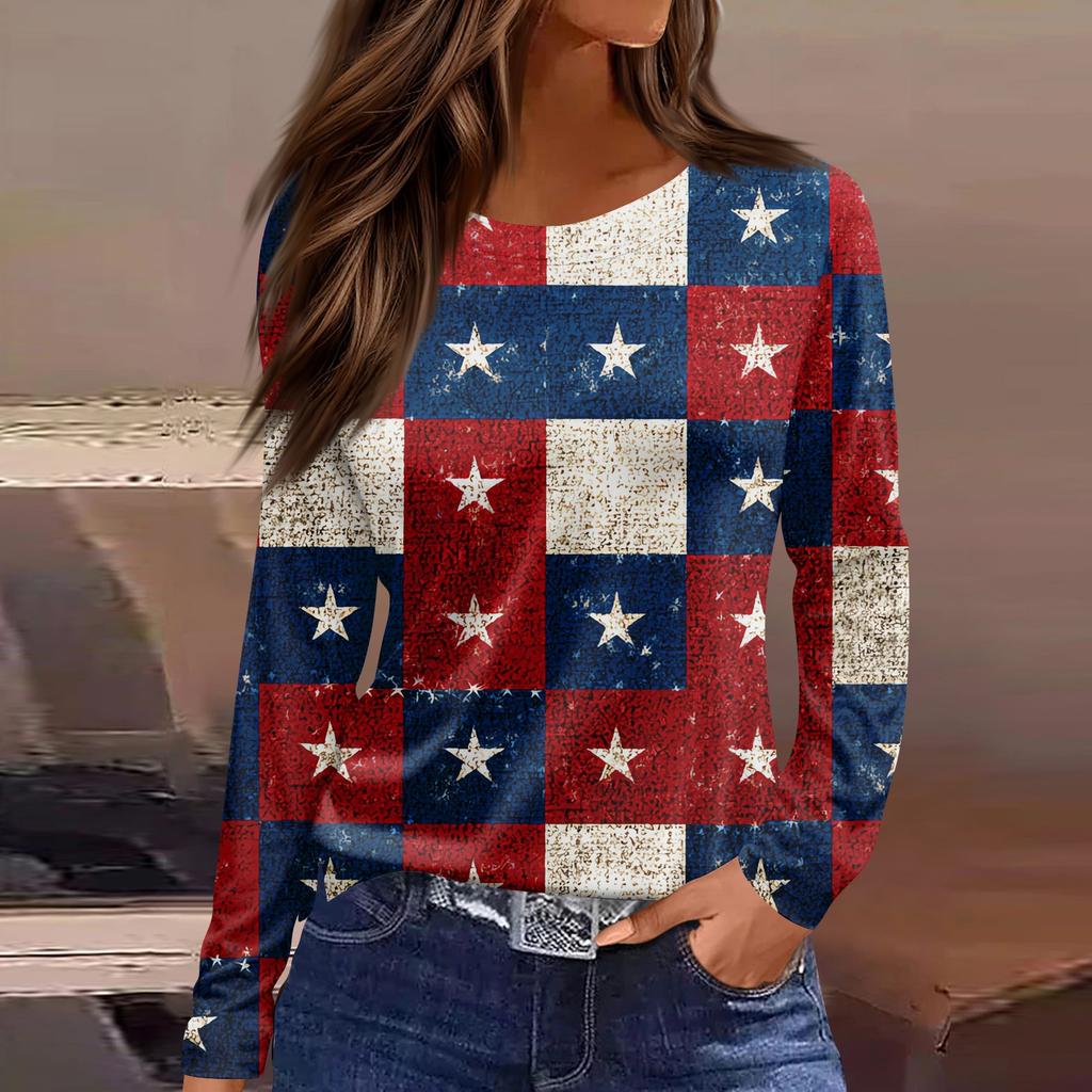 Women's Fashion Casual Slit Hem Round Neck Long Sleeve Loose Printed T-Shirt Ladies Top