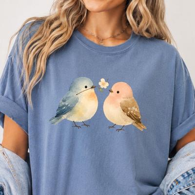 Comfort Colors Birds Shirt, Watercolor Bird Couple Tee, Floral Bird Shirt, Romantic Nature Tee, Cottagecore Birds Shirt