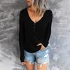 Womens Long Sleeve V Neck Button Casual Tops Ribbed Color Shirts