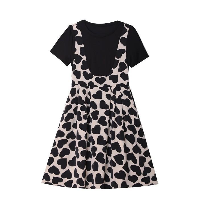 2023 Summer Women's Love Splicing Short-sleeve Dress with Suspender Skirt