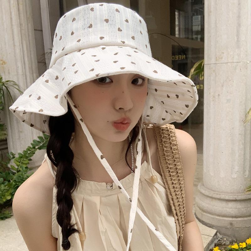 Sweet and cute love lace-up bucket hat women's summer big brim sunscreen basin hat show face small hat